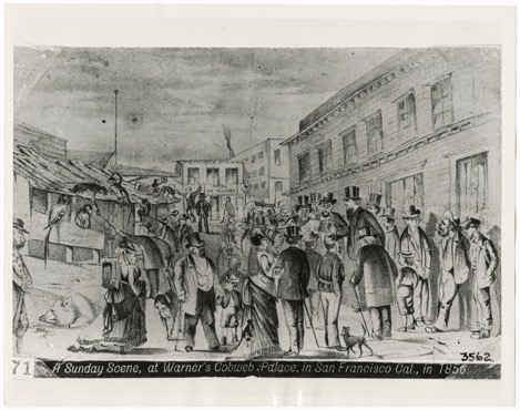 An 1856 drawing of the "Cobweb Palace" in San Francisco, featuring a crowd of people in front of buildings, and various parrots and monkeys on a shack to the left of the image.