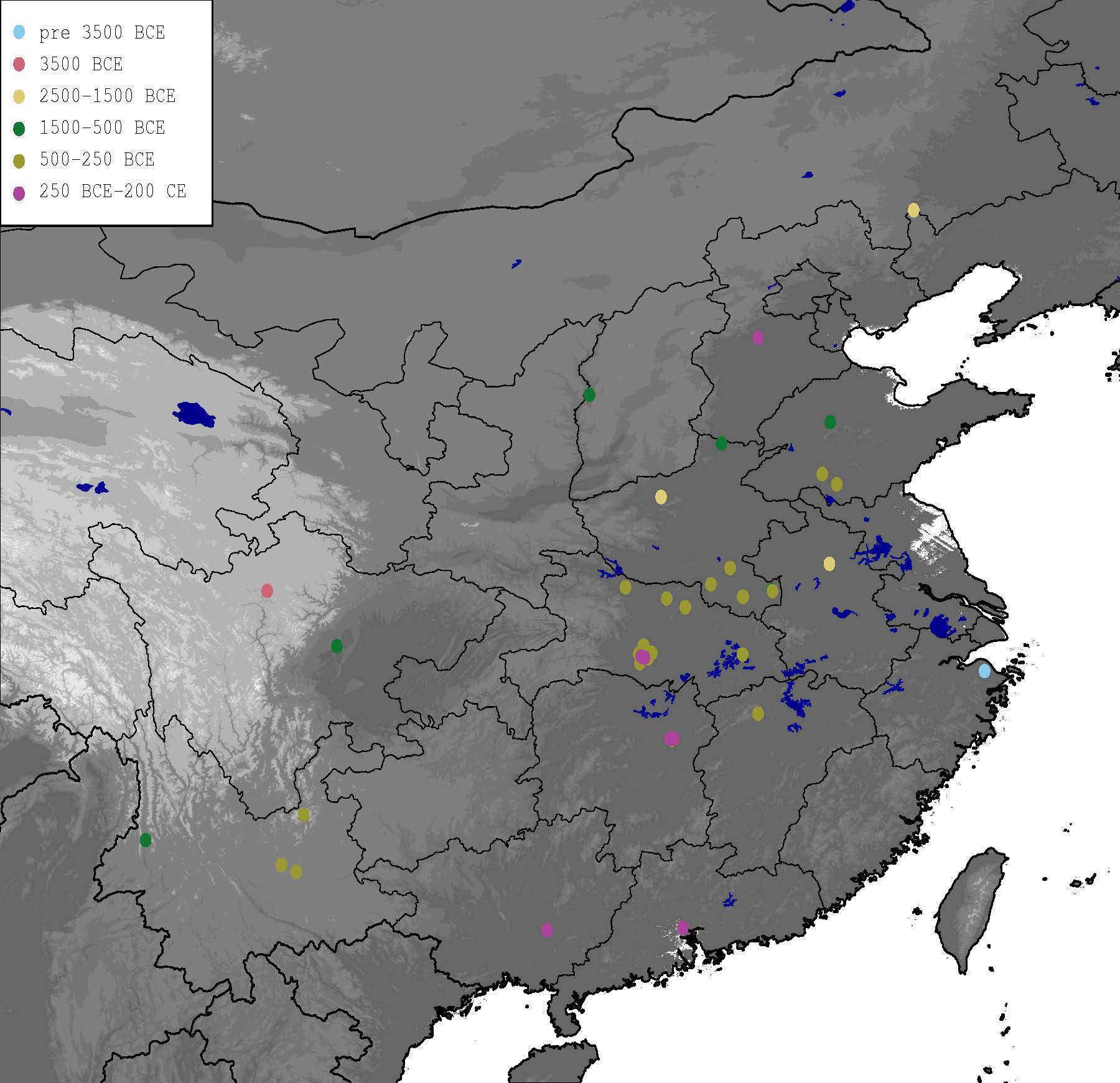 Early archaeological attestation of Zanthoxylum. A grayscale map of eastern China, with provinces outlined. Colorful dots pepper the map to indicate the sites of early archaeological attestation of Zanthoxylum, according to a legend indicating the corresponding time periods: light blue, pre 3500 BCE; orange, 3500 BCE; yellow, 2500–1500 BCE; dark green, 1500–500 BCE; light green, 500–250 BCE; pink, 250 BCE–200 CE.